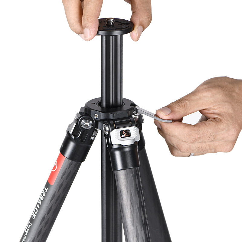 T2841CE	Ultra Compact Series Carbon Fiber Tripod with Special Shaped Center Column, 4 Leg Sections and Top Tube Diameter of 28mm.