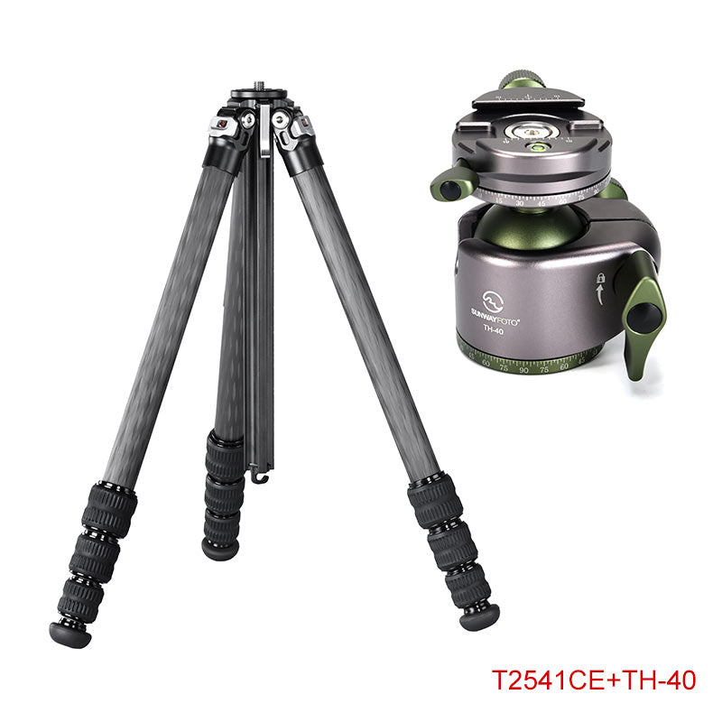 T2541CE Ultra Compact Series Carbon Fiber Tripod with Special Shaped Center Column, 4 Leg Sections and Top Tube Diameter of 25mm.